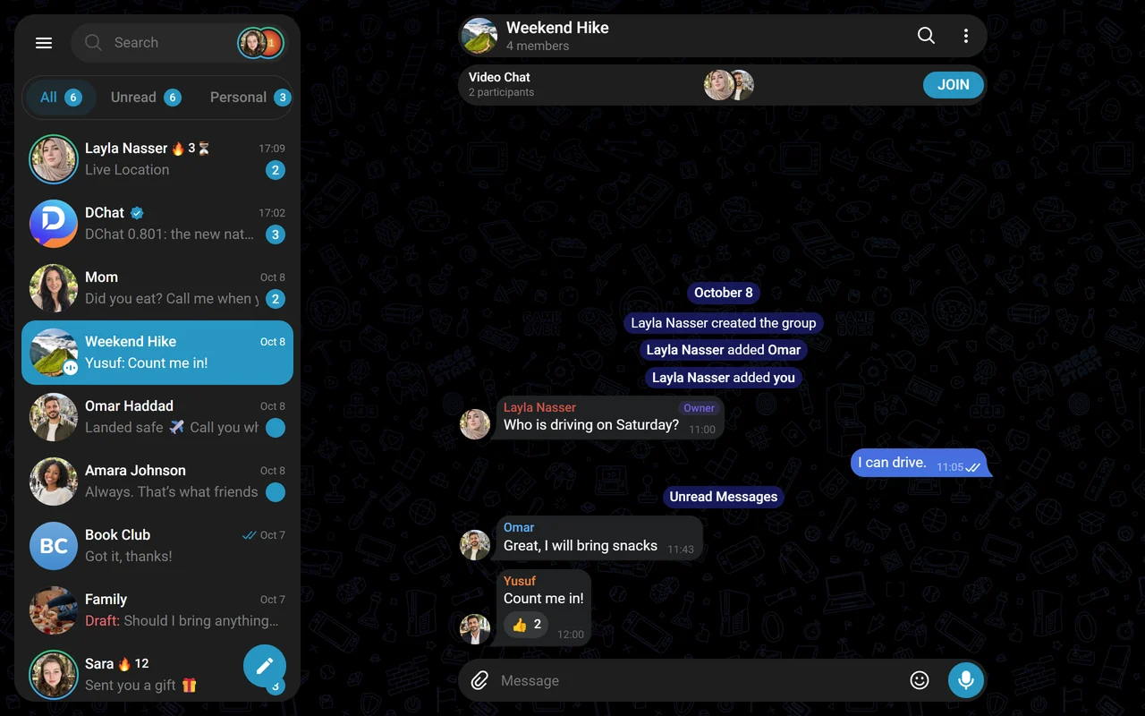 DChat on a computer, with the chat list on the left and a group chat open