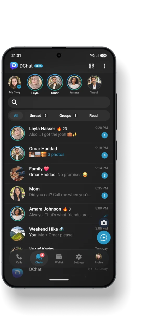The DChat chat list on a phone, with chats from Layla, Omar, Mom and Family
